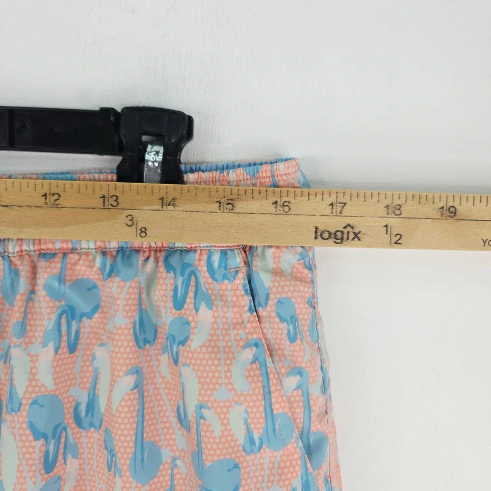 Peter Millar Mens Flamingo Print Swim Trunks Peach Blue Board Shorts Large